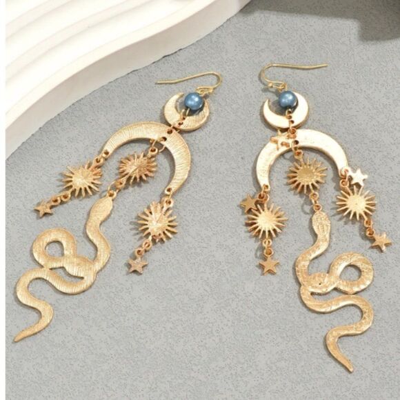 Mystical Serpent & Cosmic Gold Charm Earrings Witchy Bohemian Goddess Jewelry - Picture 4 of 8